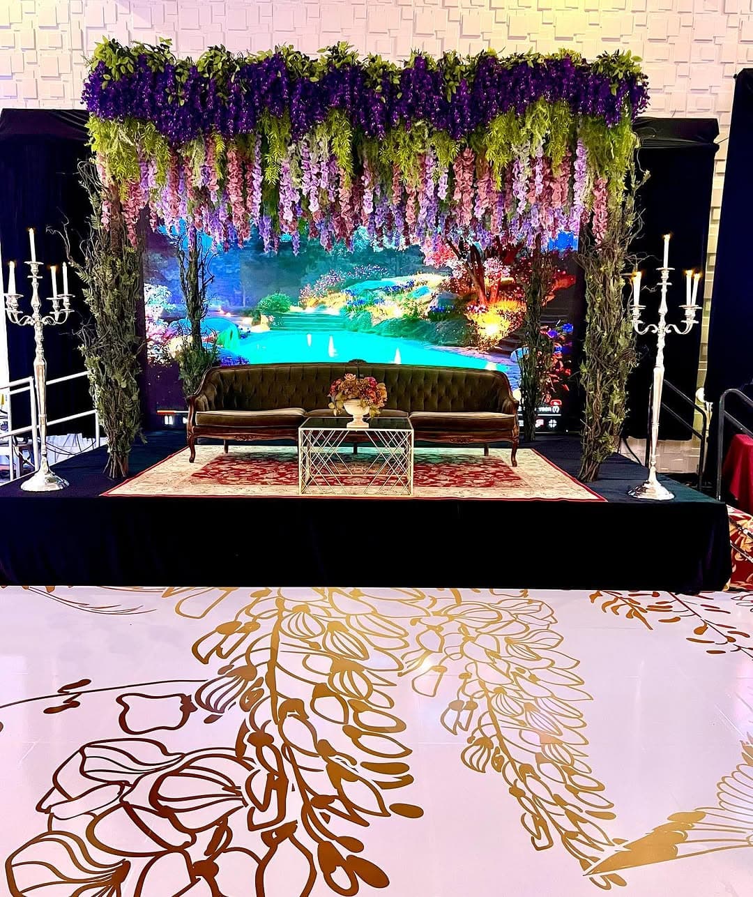 Gold floral dance floor design for luxury wedding reception