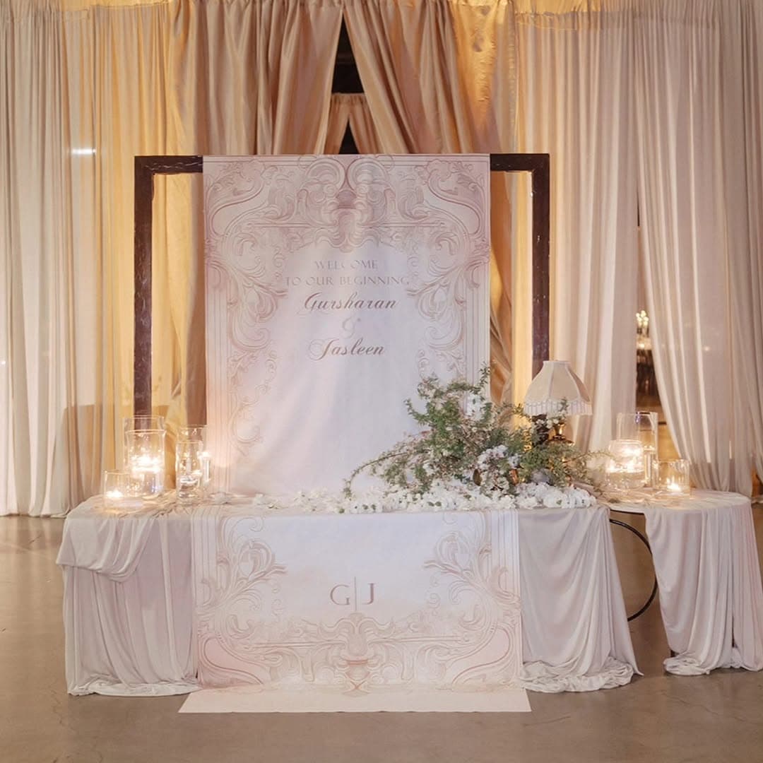Elegant white and gold dance floor wrap for formal wedding reception